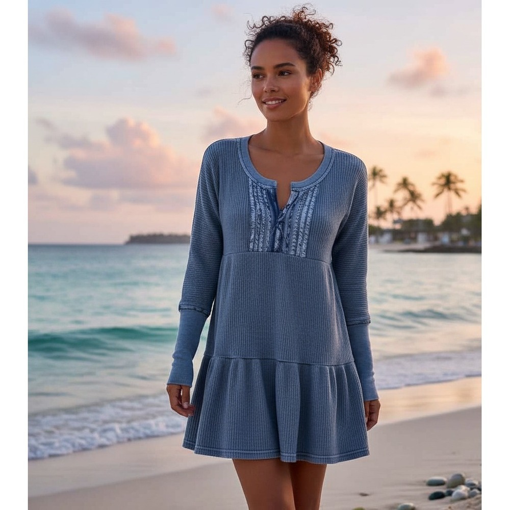 Free People FP One Jolene Waffle Knit Tiered Mini Dress Womens M Blue Boho